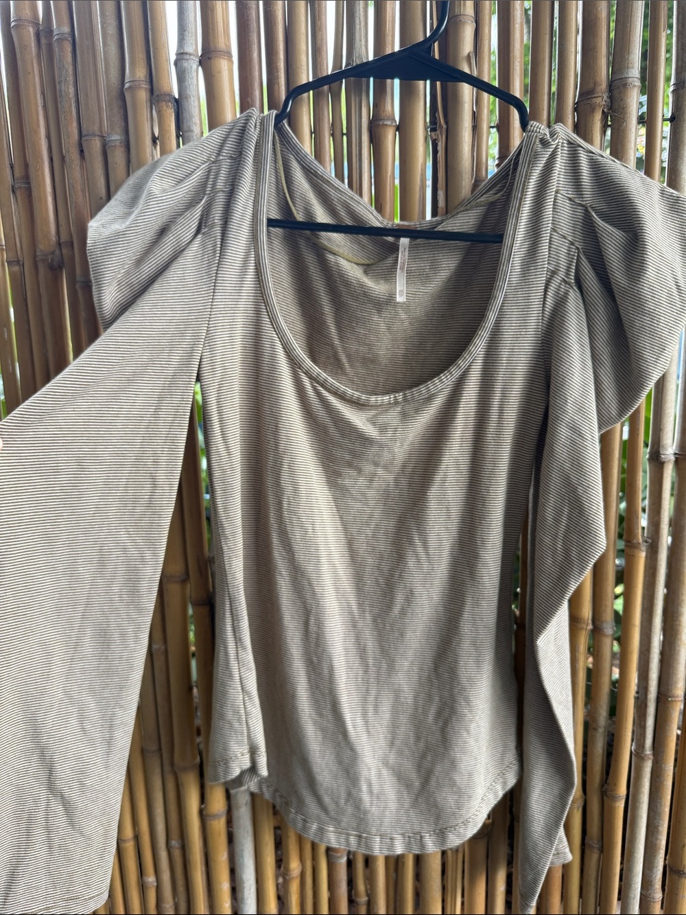 Free People Olive Taupe Striped Scoop Neck Long Sleeve Top